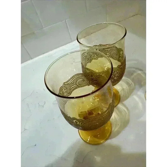 4 Vintage Libbey Americana Amber Stemmed Wine Glasses Goblets Embossed 8 Oz. - Picture 9 of 14